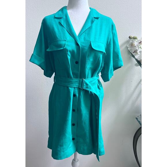MATTHEW BRUCH Linen Button Front Safari Dress in Kelly Green Belted Women's 4 - Picture 3 of 11